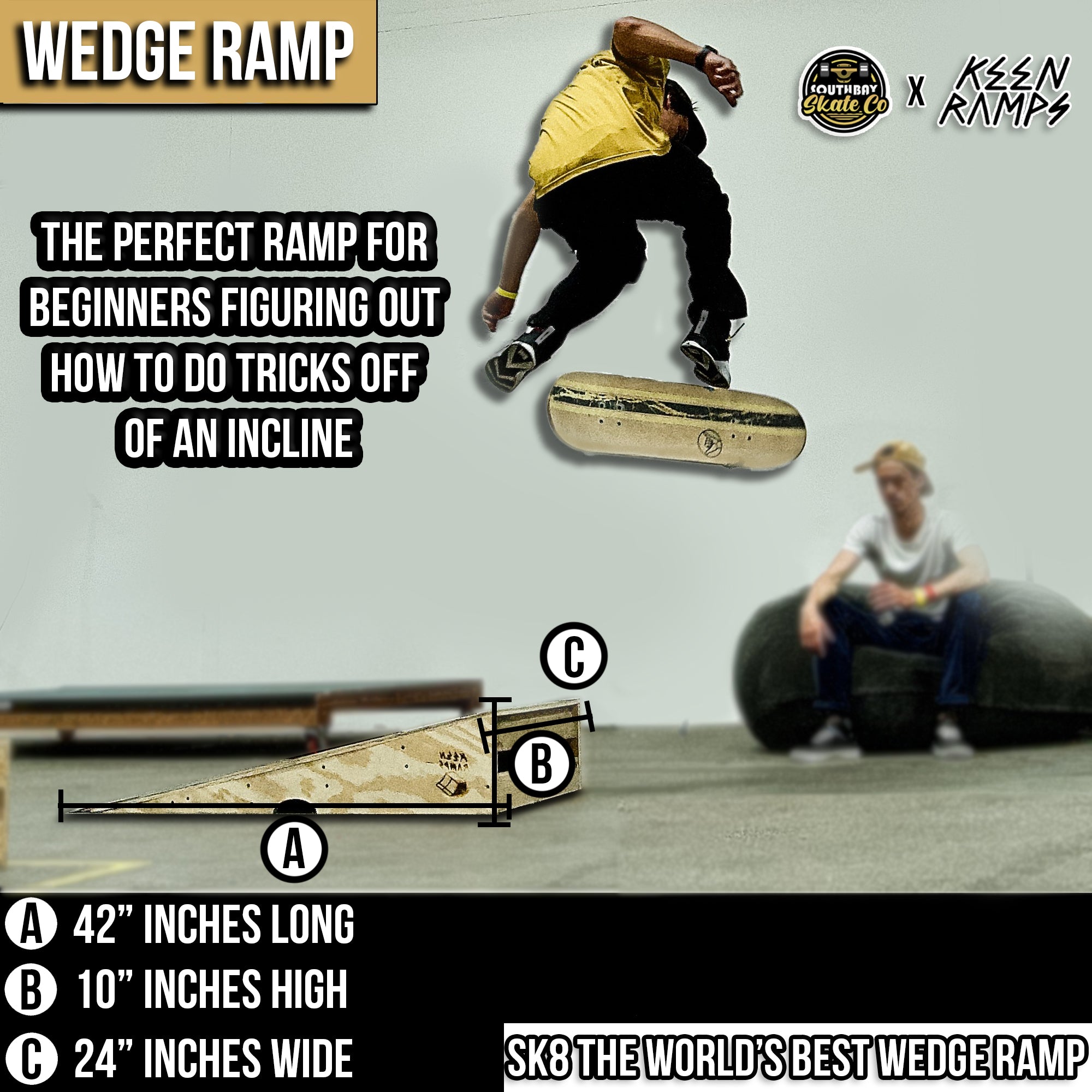 South Bay Skate Co - Wedge Skateboard Ramp - 10" high x 24" wide x 42" long Skateboard – Bay Board Co.